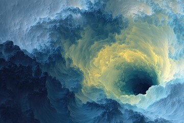 Abstract swirling vortex, blue, white, and yellow