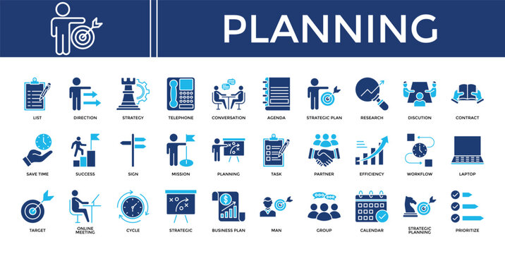 Planning icon set collection. Containing partner, program, efficiency, planning, task, contract, deal  .Solid vector icons collection