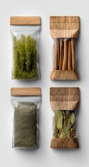 Four packages herbs/spices, transparent/wooden tops