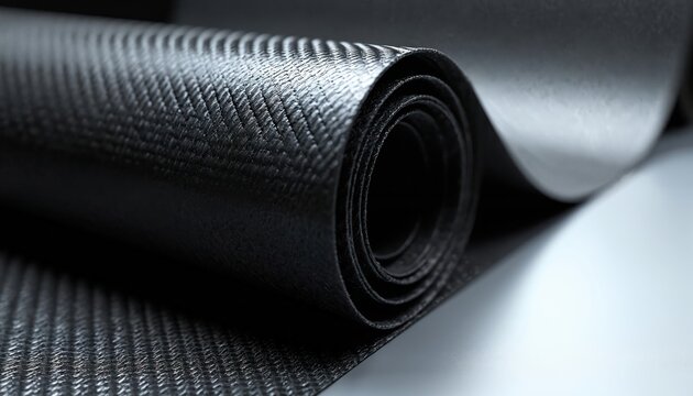 Black composite material roll closeup. Textured woven fiber surface detail. Modern industrial material for construction, automotive, or tech applications. High tech sheet.