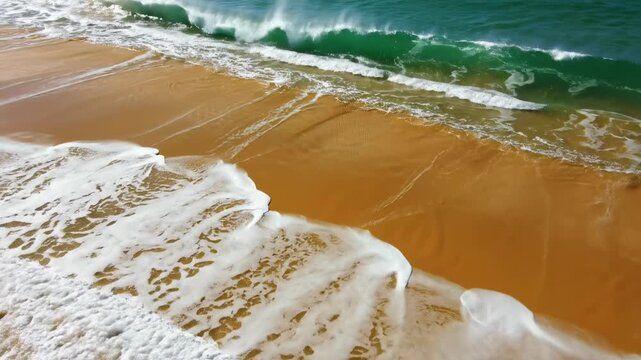 Stunning overhead drone view following the rhythmic movement of white foamy ocean surf receding and advancing across vast stretches of patterned golden beach sand wide shot, flow, unspoiled