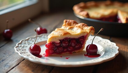 Slice of cherry pie with whole cherries on a white plate. The pastry is golden brown and the filling is rich red. A whole pie is blurred in the background. Cherry filling oozes onto the plate.