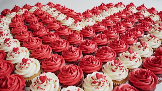 Stunning overhead drone-like wide shot view of hundreds of red and white frosted cupcakes meticulously arranged into a perfect large heart shape bakery, holiday, perfect large heart shape