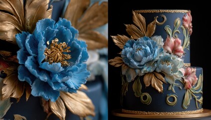 Dark cake adorned with blue, gold, and pink floral details