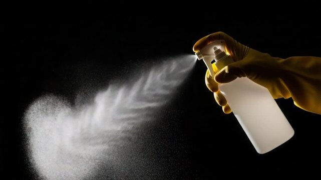 A gloved hand spraying a mist from a bottle on a dark background with dramatic lighting effects