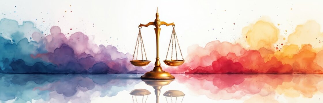 Golden scales of justice rest on abstract watercolor background with blue purple, red orange clouds. Symbol of fairness truth, balance in legal systems. Represents abstract concept of law, rights.