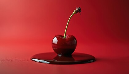 Single ripe cherry with stem sits in melted dark chocolate pool. Vibrant red background suggests celebration or indulgence, perfect for food ads or editorial content.