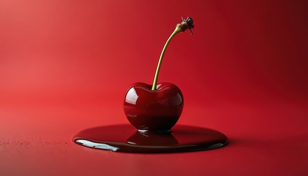 Single ripe cherry with stem sits in melted dark chocolate pool. Vibrant red background suggests celebration or indulgence, perfect for food ads or editorial content.