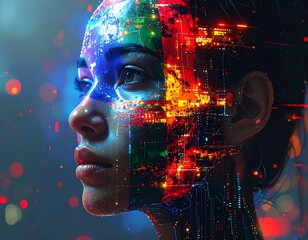 Profile of a woman's face, merging with vibrant digital network