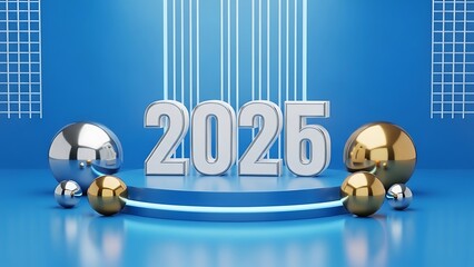New years 2025 celebration with shiny metallic balls on blue background with white grids