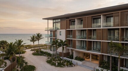 Fototapeta premium Stunning modern luxury hotel building situated right on a serene tropical beach, offering breathtaking ocean views and an idyllic escape at golden hour