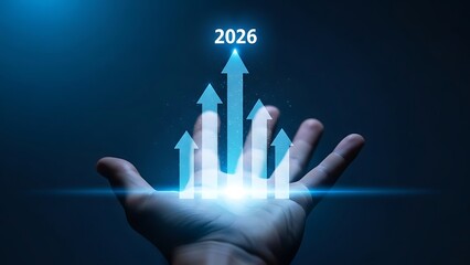 A businessman's hand uses a finger to touch a digital screen, pushing a button on a graph icon to symbolize success and future technology solutions in global internet communication