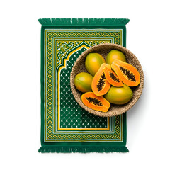 Basket of papayas on prayer rug