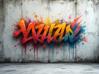 Textured concrete wall with vibrant abstract graffiti splash