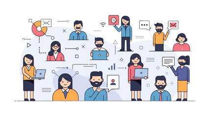 Diverse group of professionals collaborating and presenting information in a modern workspace environment viewed from a straightforward perspective