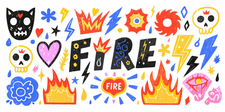 Colorful doodle art featuring skulls hearts fire and lightning bolts