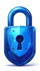 Blue, glossy lock with a shield-shaped body and a keyhole, isolated on white, in a cartoon-like style