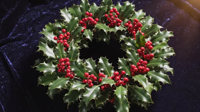 Stunning overhead view of a perfect symmetrical holiday wreath made of deep green holly and ruby berries slowly spinning against a dark velvet background frame, decoration, wreath