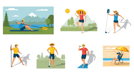 Active people engaging in various outdoor activities and sports in natural environments and landscapes