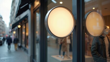 Illuminated round shop sign outside store. Clean circular board displays light on busy street with blurred people. Exterior signage copy space for business.