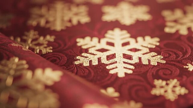 Stunning red and gold wrapping paper pattern catching soft ambient light with smooth reflections and slow shifting focus highlighting detailed embossed snowflake elements canes, candy, ornament