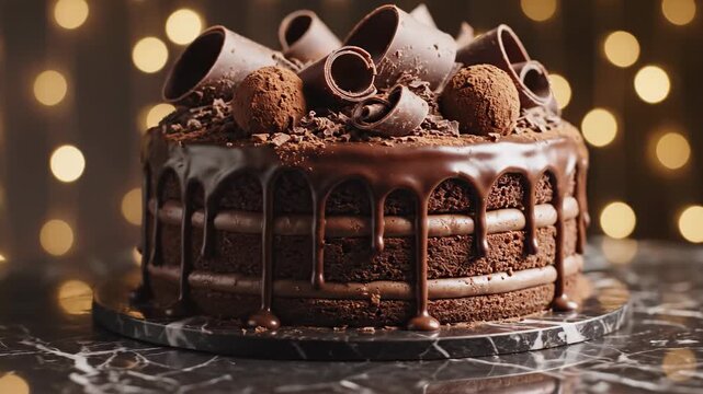 Stunning rotating shot showcasing the meticulously decorated chocolate layer cake topped with dark chocolate shavings and exquisite truffle spheres patisserie, cacao, delicious