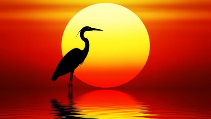 Heron silhouette at sunset with reflection