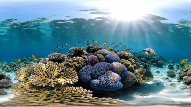 Stunning shallow water equirectangular panorama of a healthy hard coral formation illuminated by shimmering sun rays penetrating the crystal clear surface beauty, sunlight, aquatic