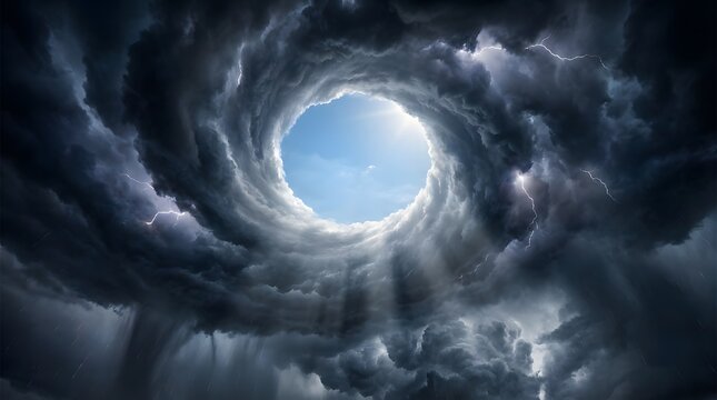 Inside the eye of a massive hurricane storm with swirling clouds and lightning from below view