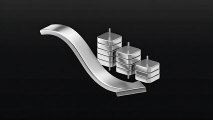 3D Metallic Silver Data Storage Servers with Downward Curved Arrow on Black Background