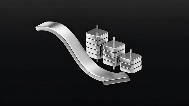 3D Metallic Silver Data Storage Servers with Downward Curved Arrow on Black Background - Powered by Adobe