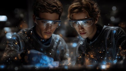 two focused scientists working on advanced electronic device
