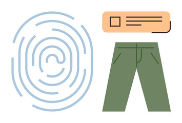 Fingerprint pattern, green pants, ID card illustration suggesting identity, authentication, and data protection. Ideal for cybersecurity, privacy, personal data, biometrics access control digital