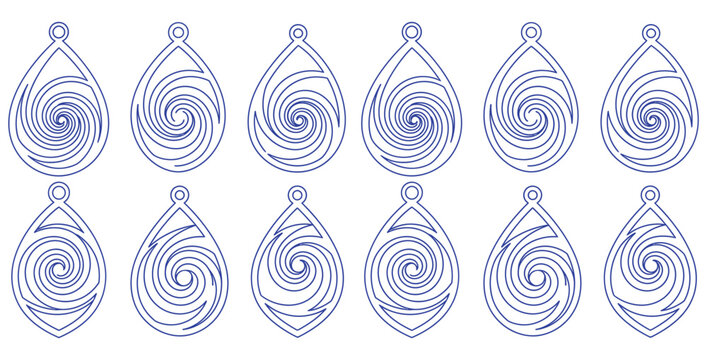 Twelve unique teardrop shaped earring laser cut files featuring intricate swirling vortex or spiral designs perfect for jewelry making projects and digital crafting templates