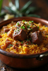 Traditional lamb biryani in copper pot for Eid al-Adha