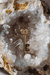 Golden key rests in crystal geode, warm lighting