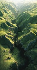Lush green valley, steep cliffs, and soft sunlight