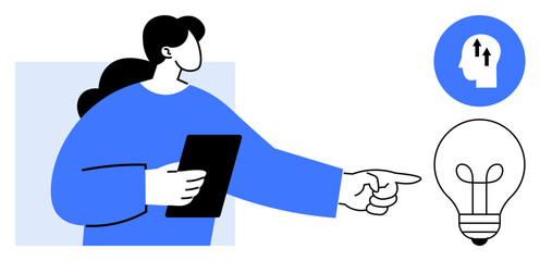 Idea generation concept. Illustration focuses on idea generation with person holding a tablet, light bulb as creativity symbol, and strategy icon. Great for teamwork, innovation strategies, creative © robu_s