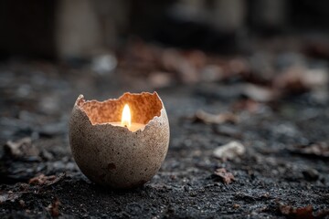 Eggshell candle glows on dark ground (1)