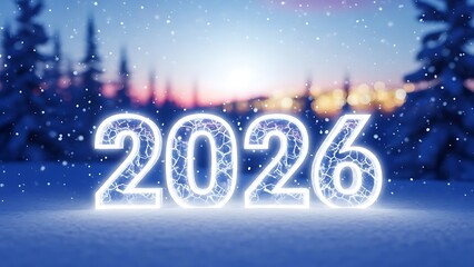 Glowing 2026 new year celebration with snowy landscape and city lights in background at dusk