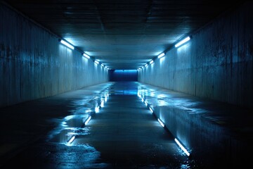 Dim, wet tunnel with blue lights reflecting