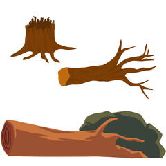 Large Felled Tree with a Broken Trunk Flat Cartoon Vector