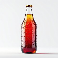 Glass bottle, amber liquid, condensation, gold cap, white backdrop, shadow