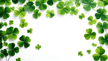 Green shamrocks scattered against a white background, copy space