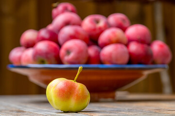 Ein Sternapfel vor einer Schale mit roten &Auml;pfeln