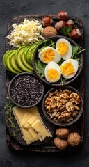 Nutritious keto food eggs, cheese, avocado, nuts, seeds