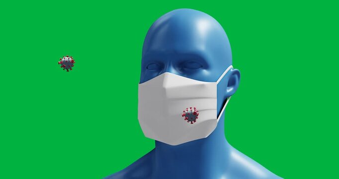 Animation of macro coronavirus Covid-19 cells floating over a 3D human face with a mask