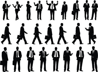 Silhouette of professional business people in suits walking standing and gesturing in various corporate poses for office and work concepts