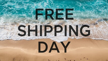 A promotional advertisement for free shipping day with a beautiful beach background