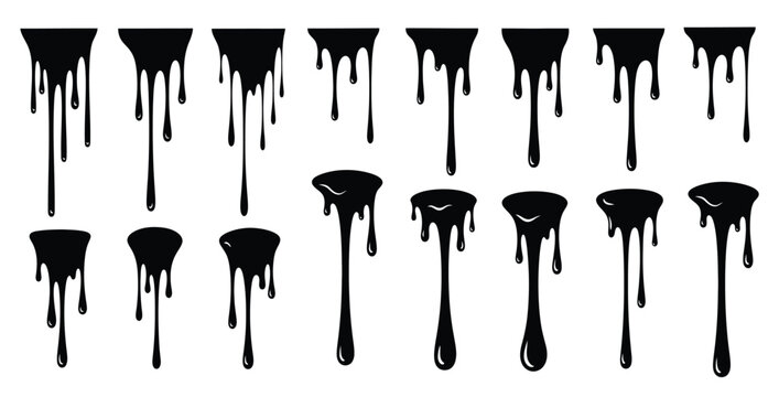 Collection of diverse black dripping paint and slime silhouettes providing various styles of liquid overflow effects perfect for graphic design elements or spooky decoration concepts.